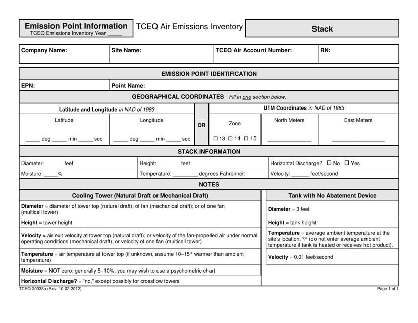 Form TCEQ-20038A Emission Point Information Stack - Texas