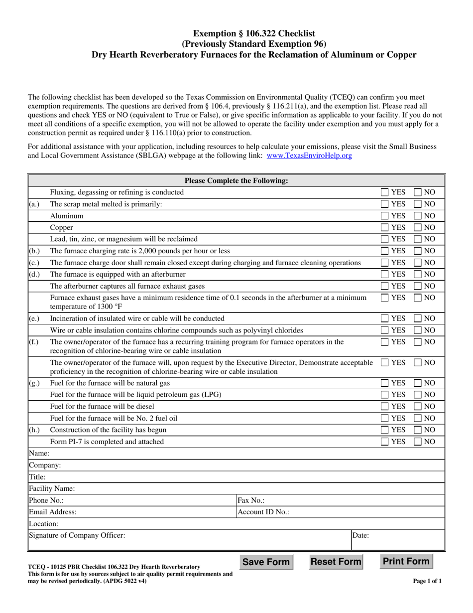 Form TCEQ-10125 Exemption 106.322 Checklist for Dry Hearth Reverberatory Furnaces for the Reclamation of Aluminum or Copper - Texas, Page 1