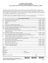 Document preview: Form TCEQ-10125 Exemption 106.322 Checklist for Dry Hearth Reverberatory Furnaces for the Reclamation of Aluminum or Copper - Texas