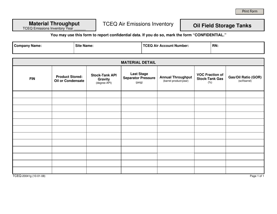 Form TCEQ-20041G Material Throughput Oil Field Storage Tanks - Texas, Page 1