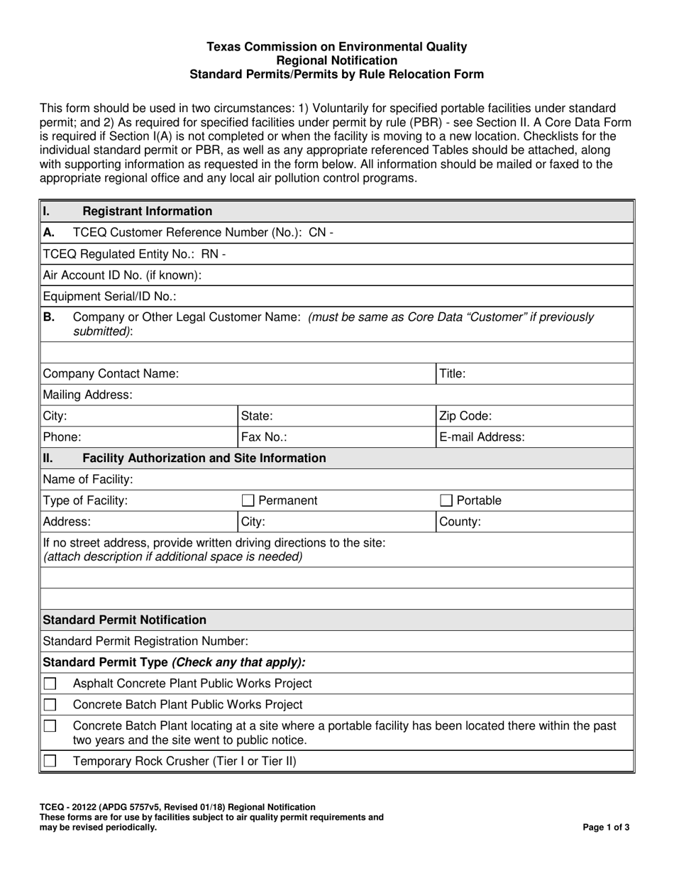 Form TCEQ-20122 Regional Notification Standard Permits / Permits by Rule Relocation Form - Texas, Page 1