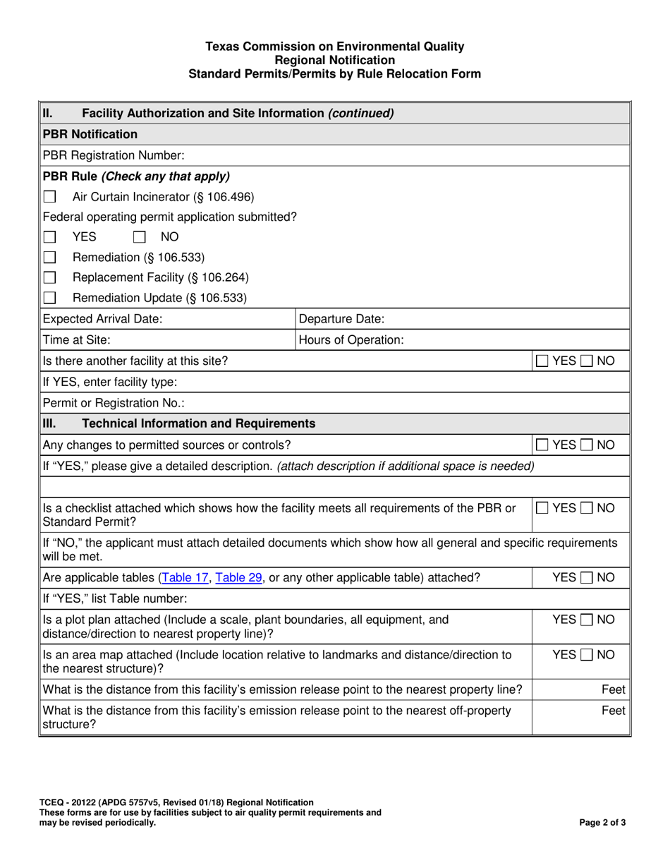 Form TCEQ-20122 Regional Notification Standard Permits / Permits by Rule Relocation Form - Texas, Page 2