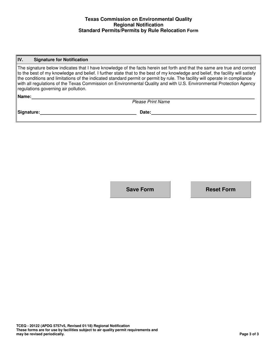 Form TCEQ-20122 Regional Notification Standard Permits / Permits by Rule Relocation Form - Texas, Page 3