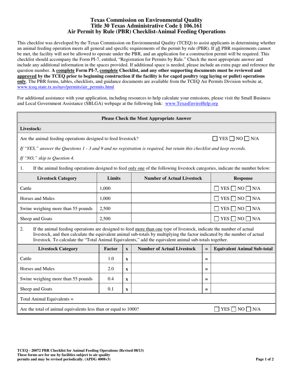 Form TCEQ-20072 Air Permit by Rule (Pbr) Checklist for Animal Feeding Operations - Texas, Page 1