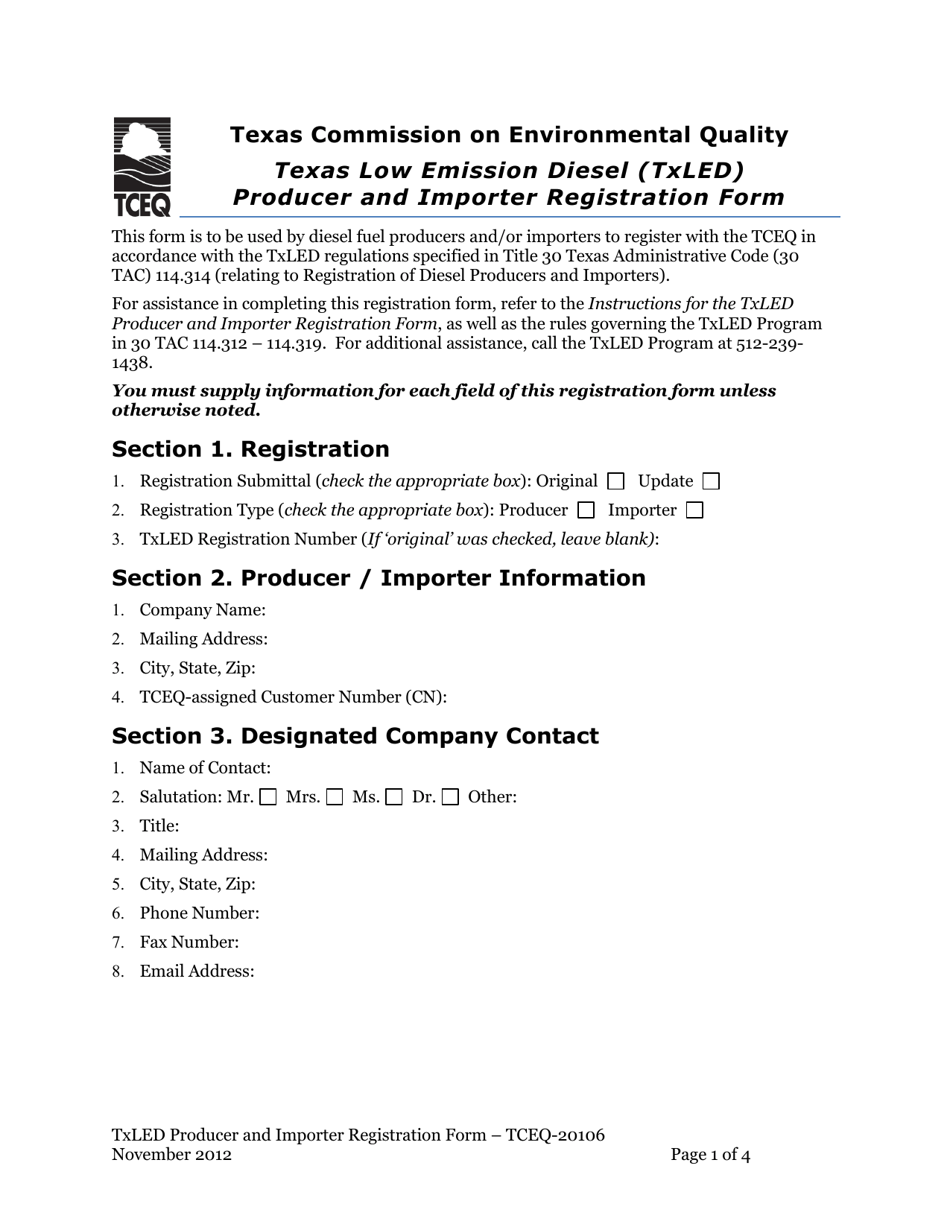 Form TCEQ-20106 Texas Low Emission Diesel (Txled) Producer and Importer Registration Form - Texas, Page 1