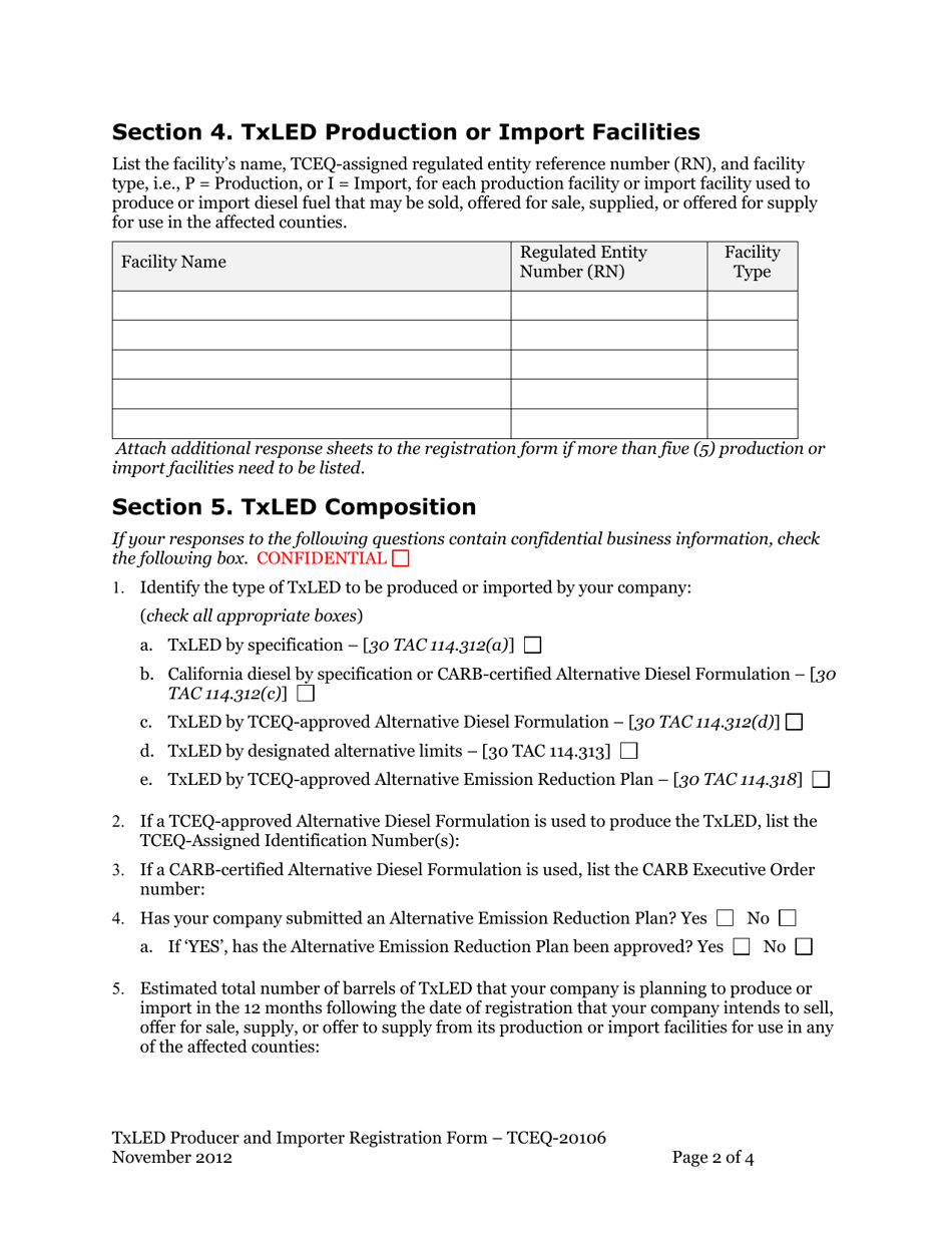 Form TCEQ-20106 Texas Low Emission Diesel (Txled) Producer and Importer Registration Form - Texas, Page 2
