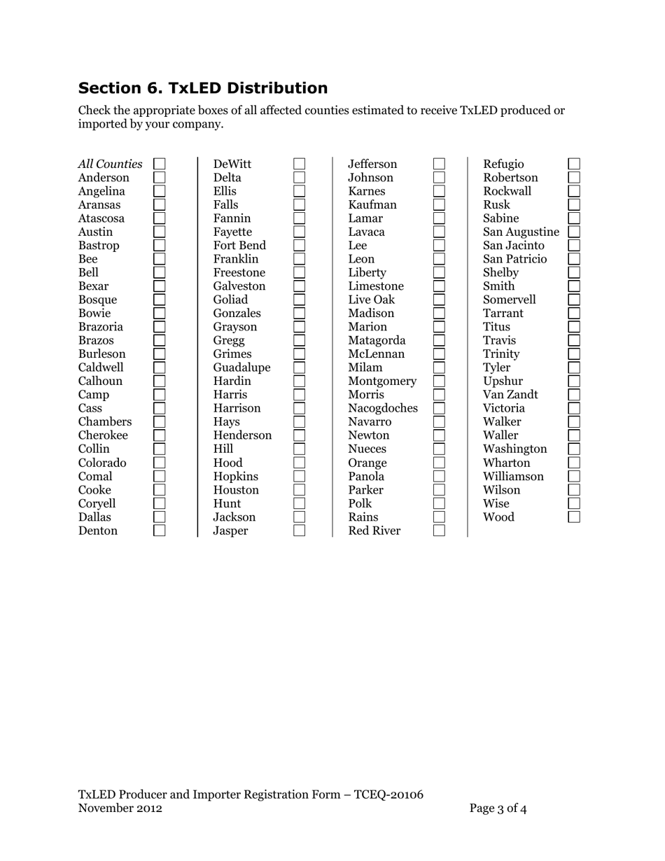 Form TCEQ-20106 Texas Low Emission Diesel (Txled) Producer and Importer Registration Form - Texas, Page 3