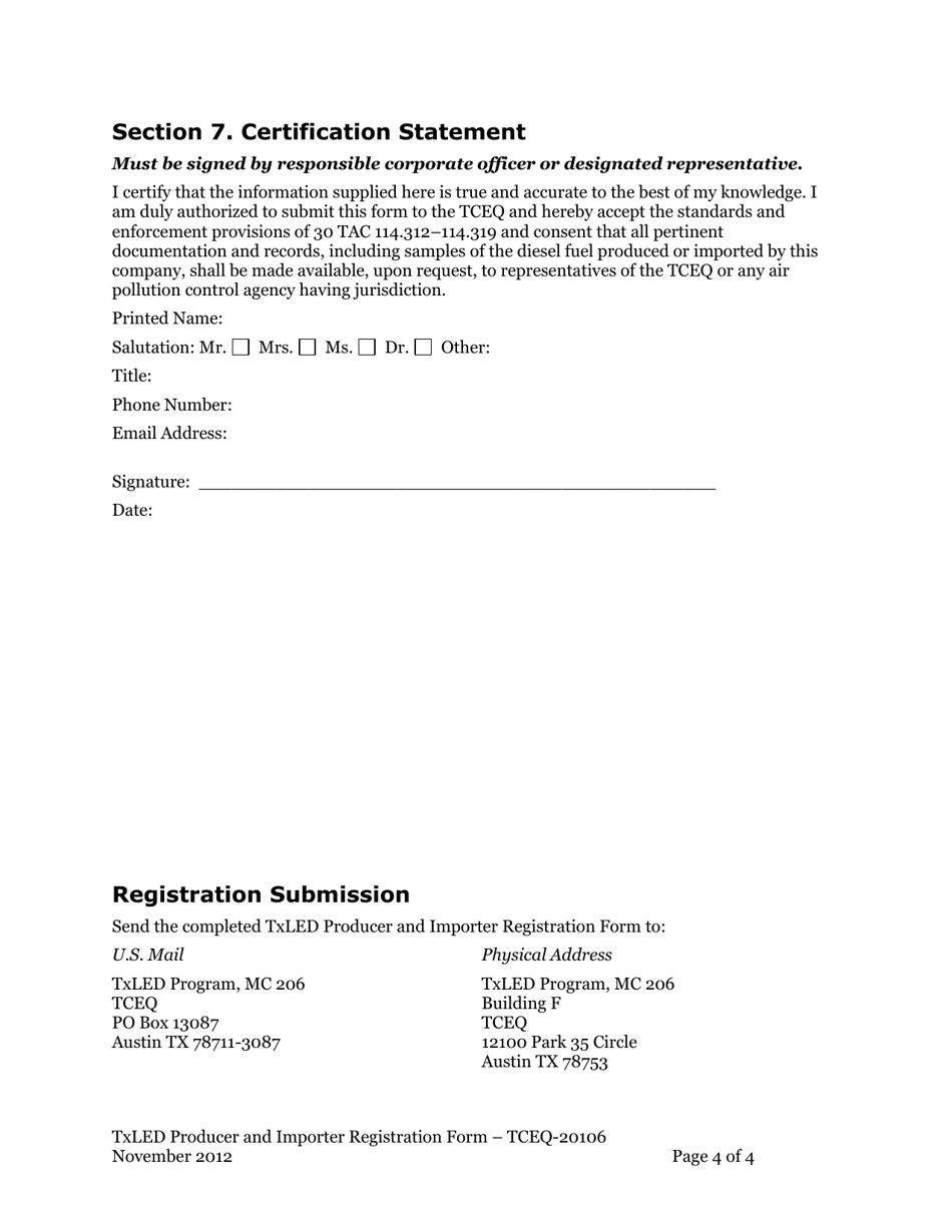 Form TCEQ-20106 Texas Low Emission Diesel (Txled) Producer and Importer Registration Form - Texas, Page 4
