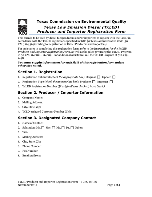 Form TCEQ-20106 Texas Low Emission Diesel (Txled) Producer and Importer Registration Form - Texas