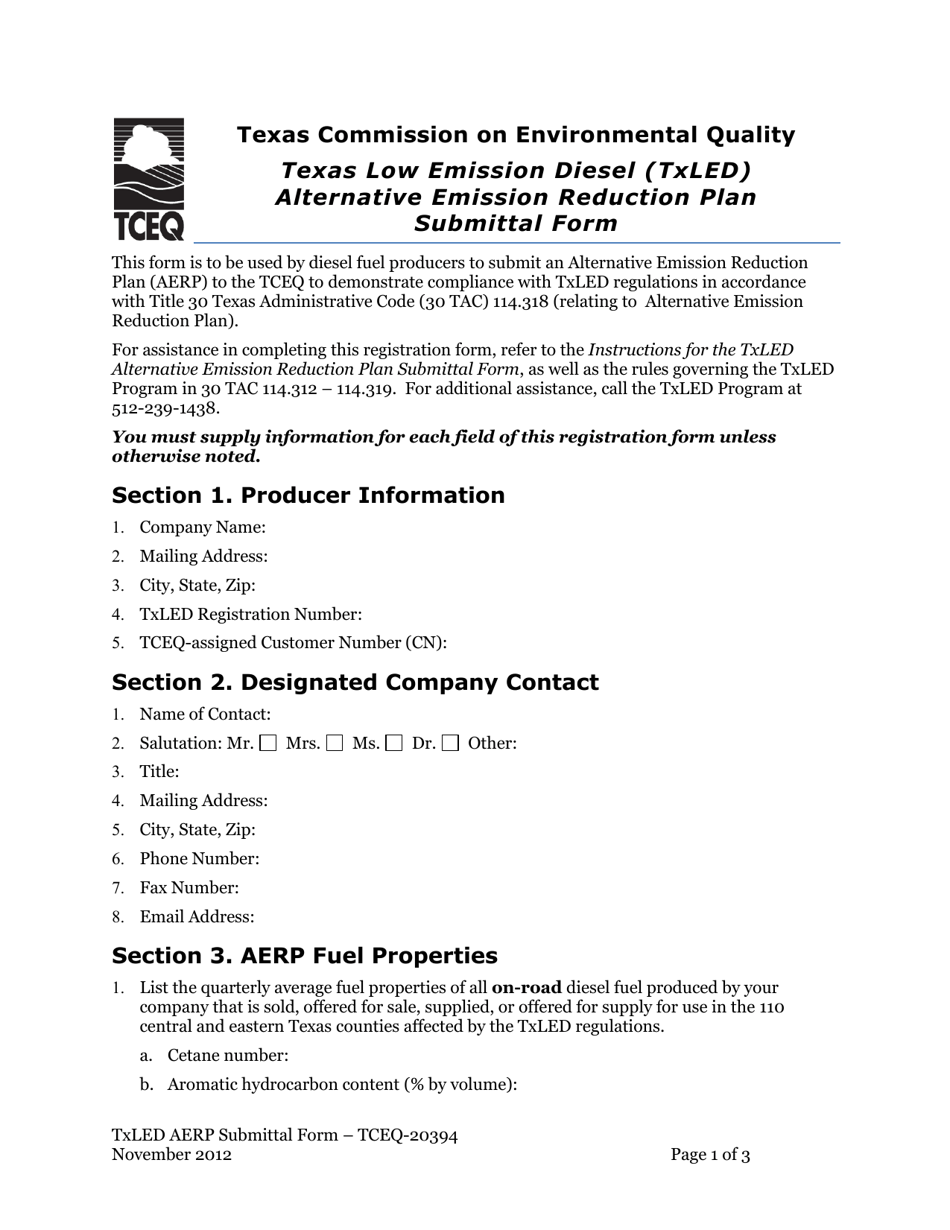 Form TCEQ-20394 Texas Low Emission Diesel (Txled) Alternative Emission Reduction Plan Submittal Form - Texas, Page 1