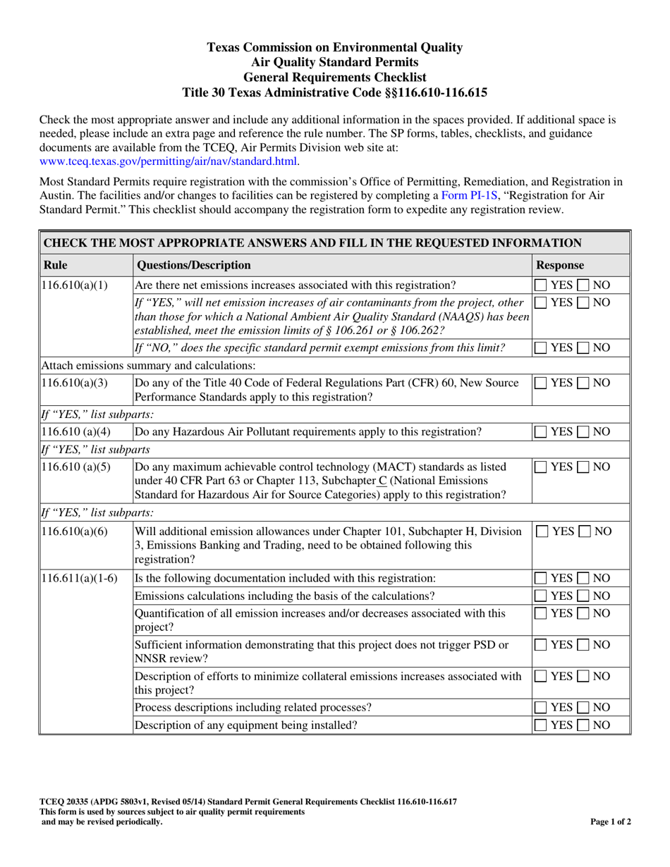 Form TCEQ-20335 Air Quality Standard Permits General Requirements Checklist - Texas, Page 1