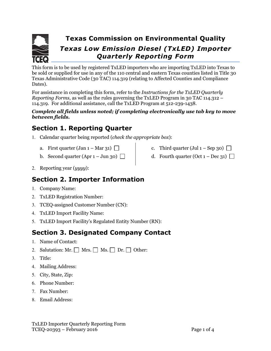 Form TCEQ-20393 Texas Low Emission Diesel (Txled) Importer Quarterly Reporting Form - Texas, Page 1