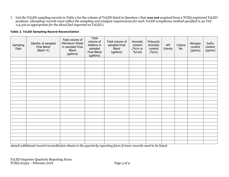 Form TCEQ-20393 Texas Low Emission Diesel (Txled) Importer Quarterly Reporting Form - Texas, Page 3