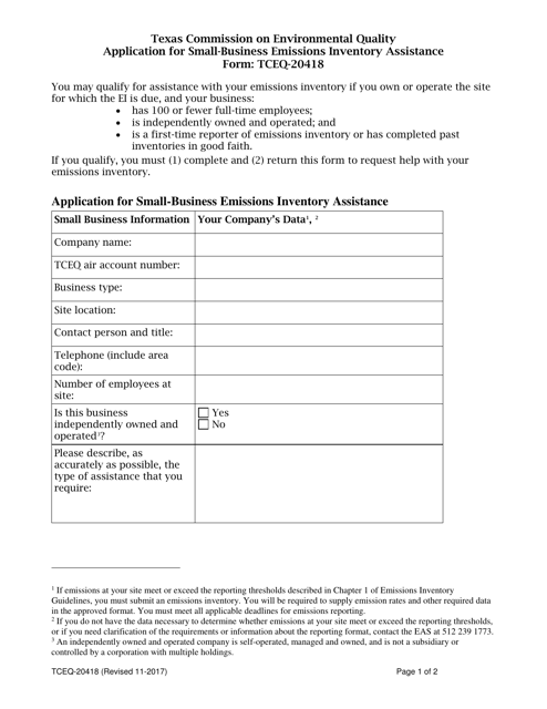 Form TCEQ-20418 Application for Small-Business Emissions Inventory Assistance - Texas