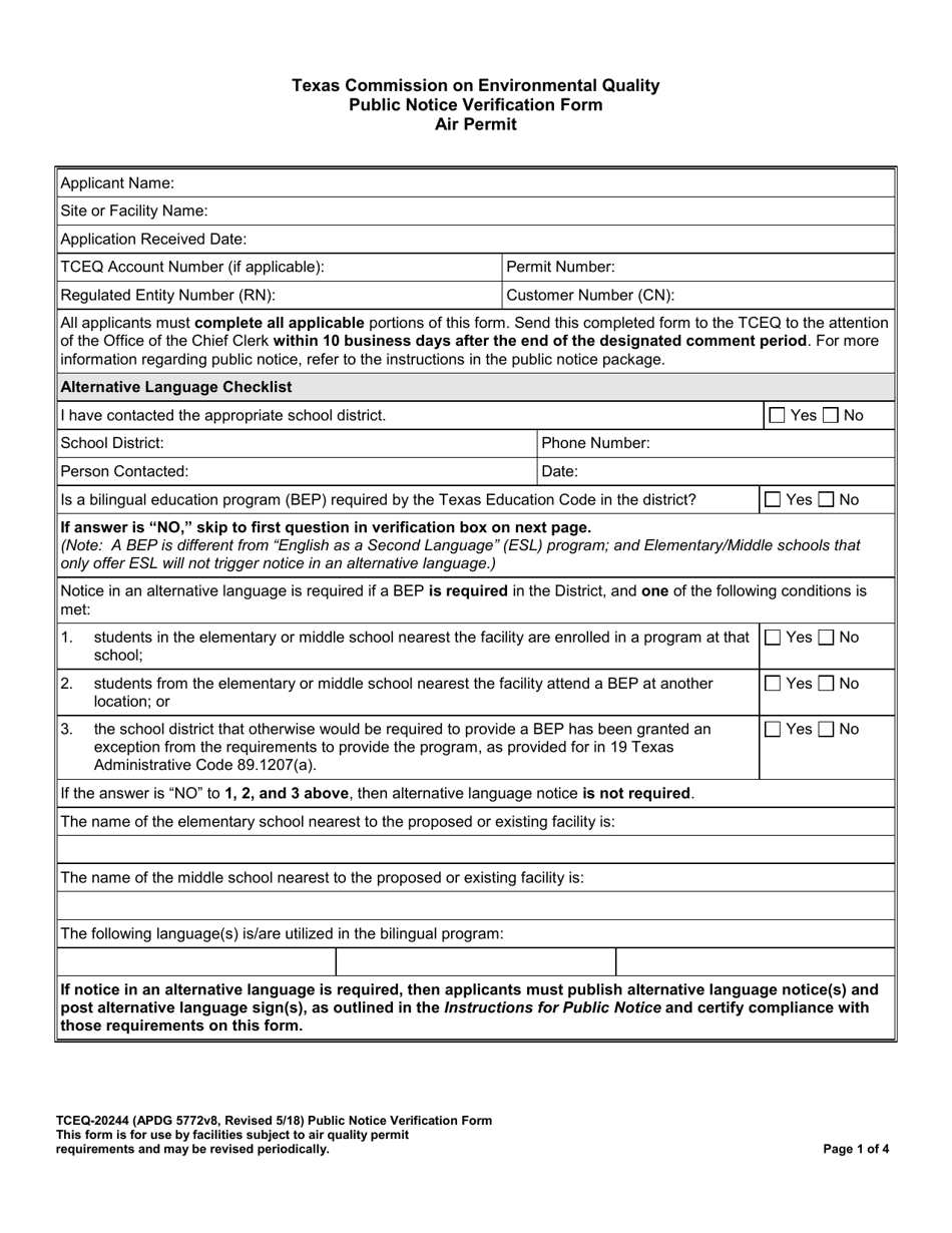 Form TCEQ-20244 Public Notice Verification Form for Air Permitting - Texas, Page 1
