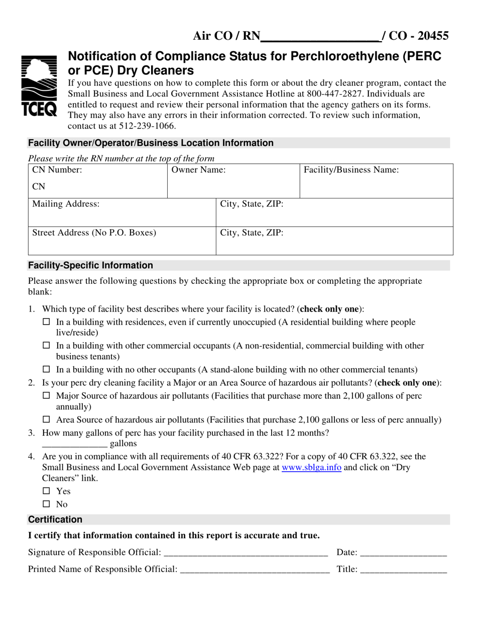 Form TCEQ-20455 Notification of Compliance Status for Perchloroethylene (Perc or Pce) Dry Cleaners - Texas, Page 1