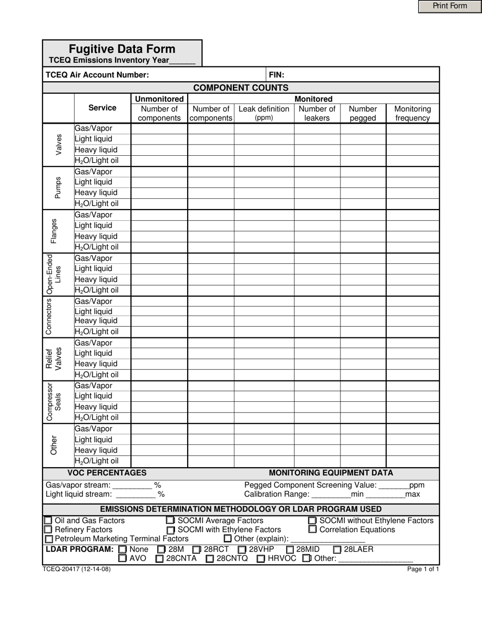 Form TCEQ-20417 Fugitive Data Form - Texas, Page 1