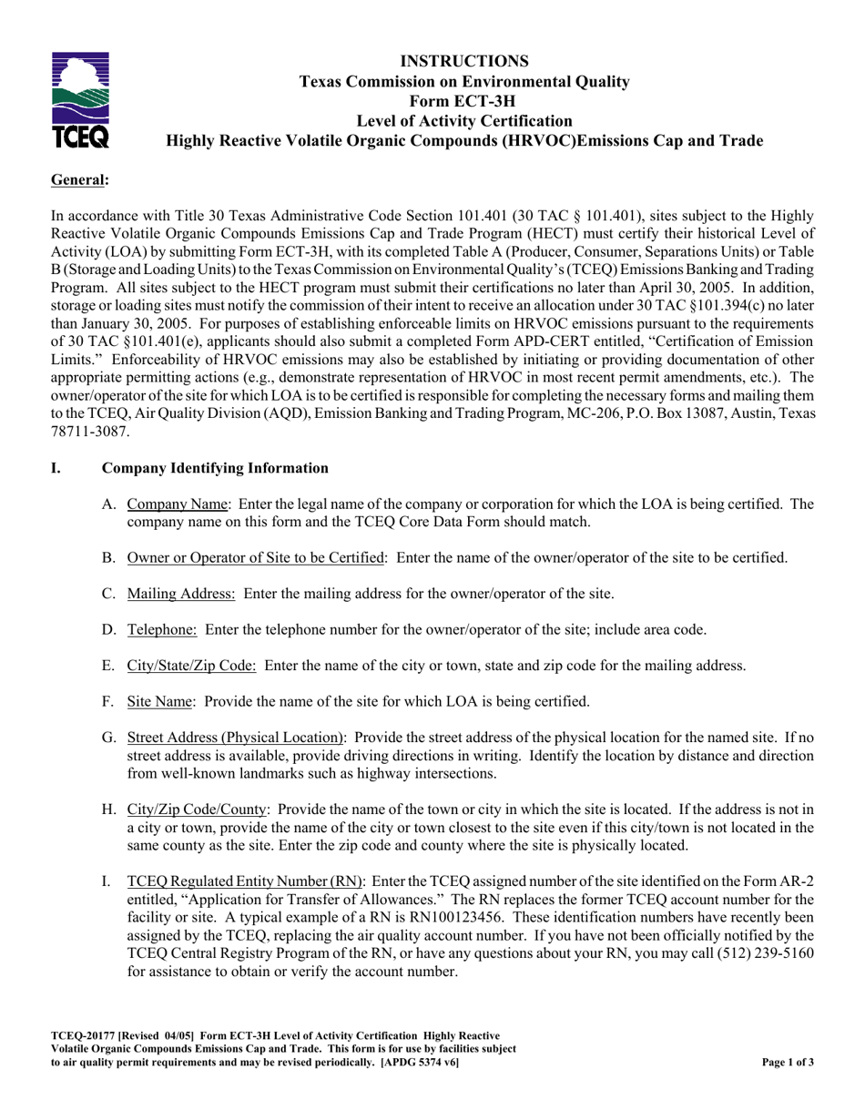 Form ECT-3H (TCEQ-20177) Highly Reactive Volatile Organic Compound Emissions CAP and Trade Level of Activity Certification - Texas, Page 1