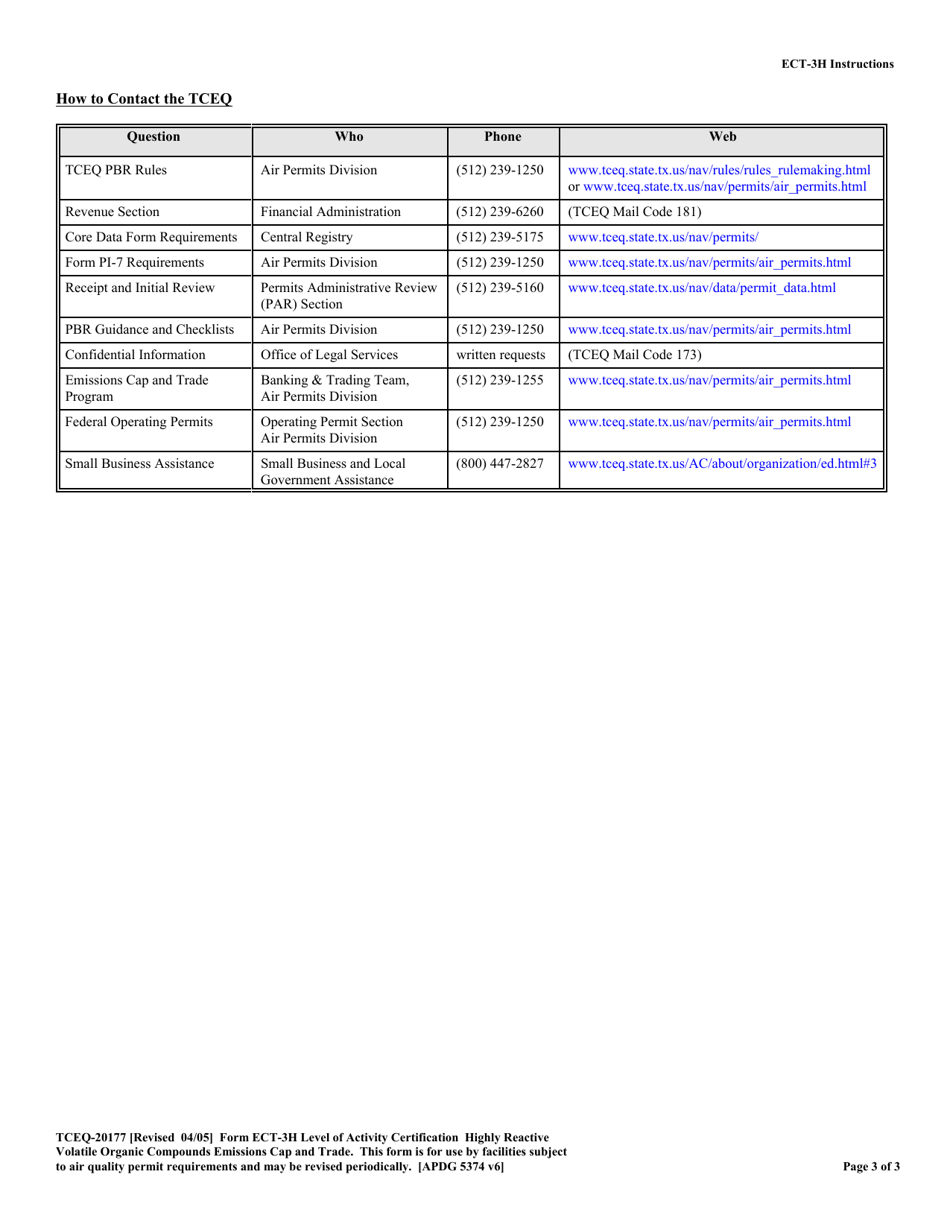Form ECT-3H (TCEQ-20177) Highly Reactive Volatile Organic Compound Emissions CAP and Trade Level of Activity Certification - Texas, Page 3