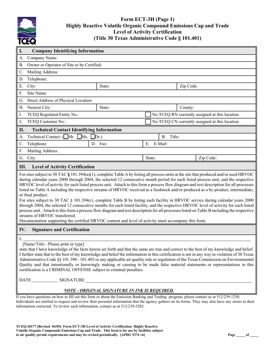 Form ECT-3H (TCEQ-20177) Highly Reactive Volatile Organic Compound Emissions CAP and Trade Level of Activity Certification - Texas, Page 4