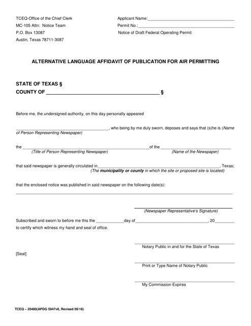 Form TCEQ-20480 Alternative Language Affidavit of Publication for Air Permitting - Texas