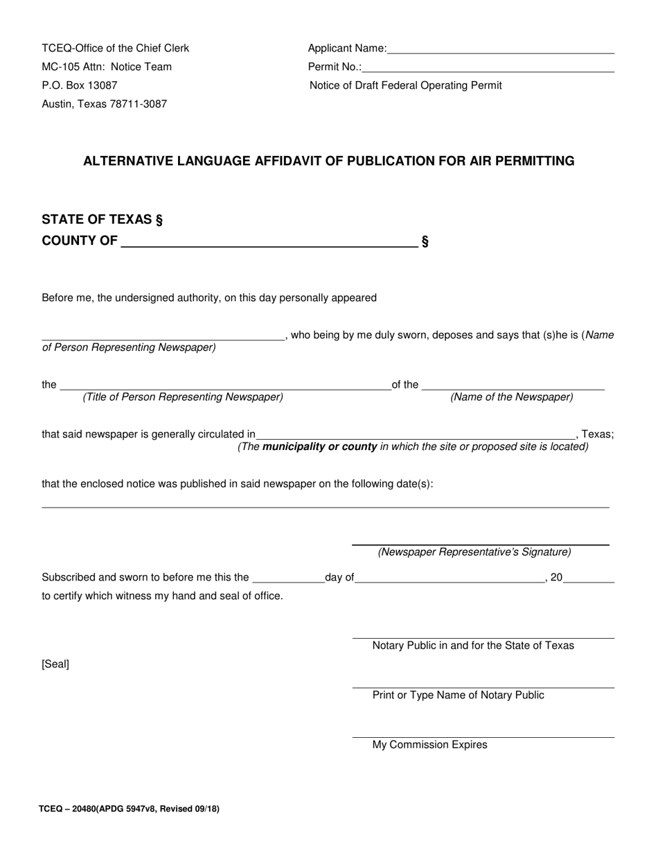 Form TCEQ-20480 Alternative Language Affidavit of Publication for Air Permitting - Texas, Page 1