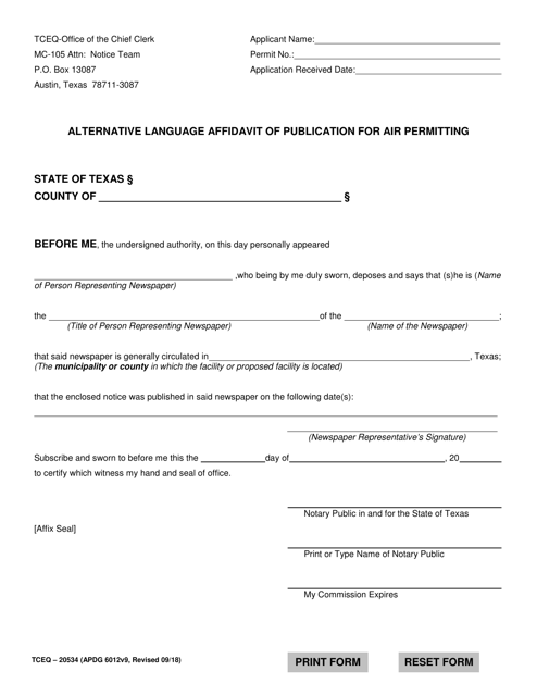 Form TCEQ-20534 Alternative Language Affidavit of Publication for Air Permitting - Texas