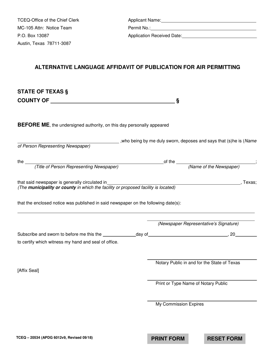 Form TCEQ-20534 Alternative Language Affidavit of Publication for Air Permitting - Texas, Page 1