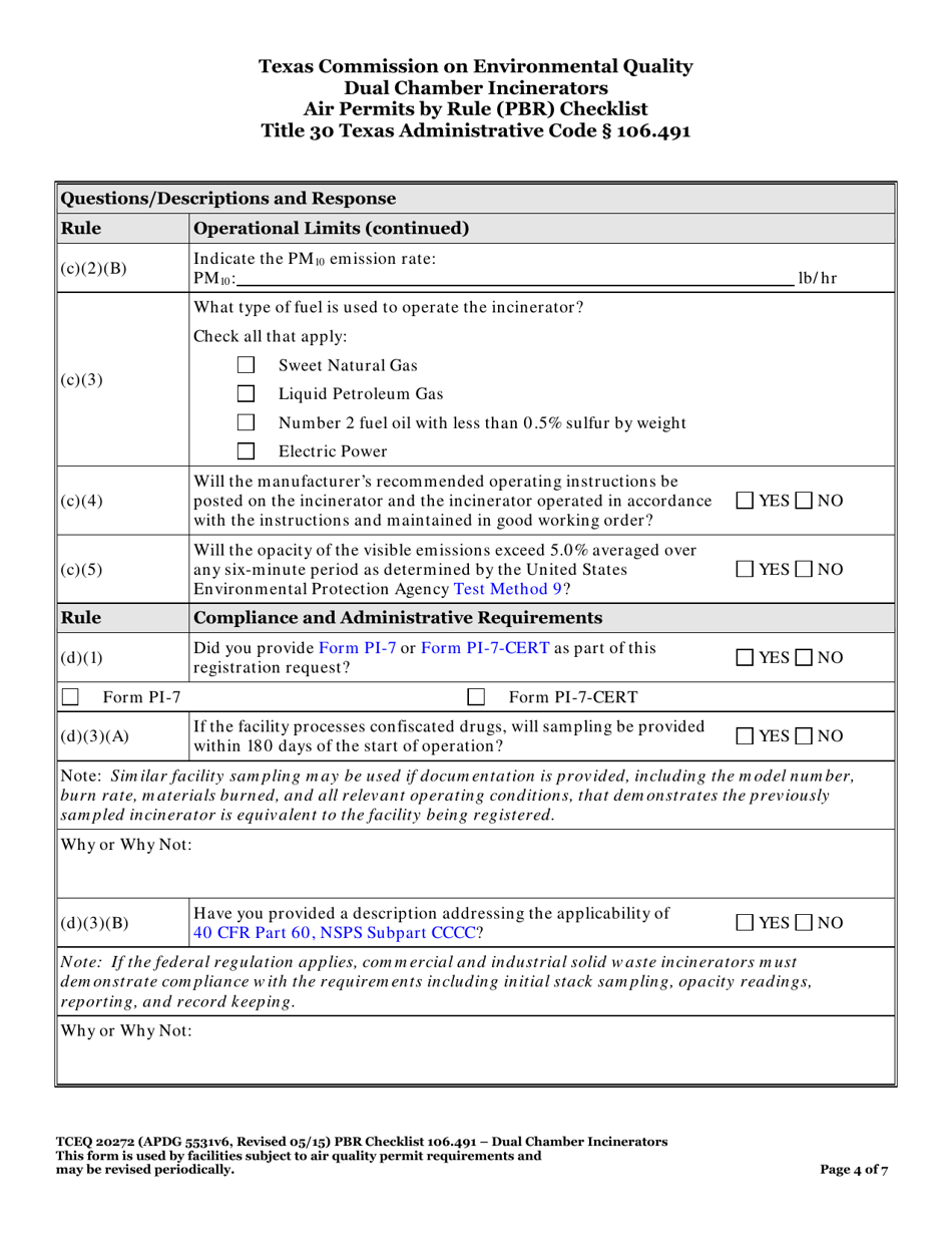 Form TCEQ-20272 Dual Chamber Incinerators Air Permits by Rule 106.491 Checklist - Texas, Page 4