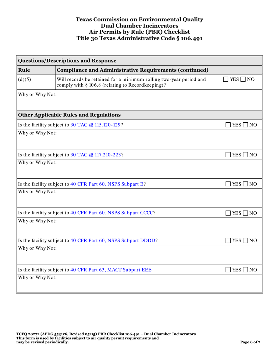 Form TCEQ-20272 Dual Chamber Incinerators Air Permits by Rule 106.491 Checklist - Texas, Page 6