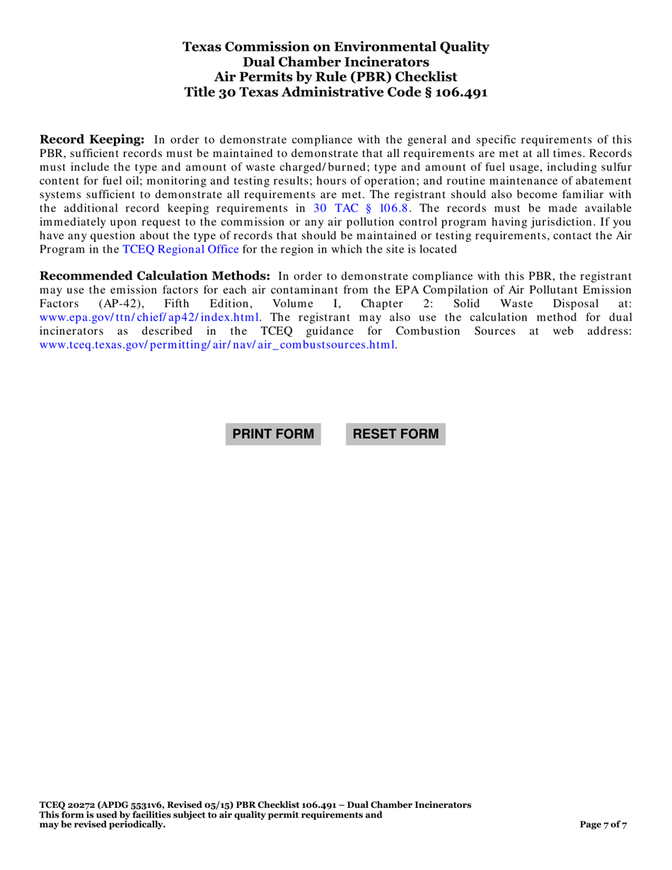Form TCEQ-20272 Dual Chamber Incinerators Air Permits by Rule 106.491 Checklist - Texas, Page 7