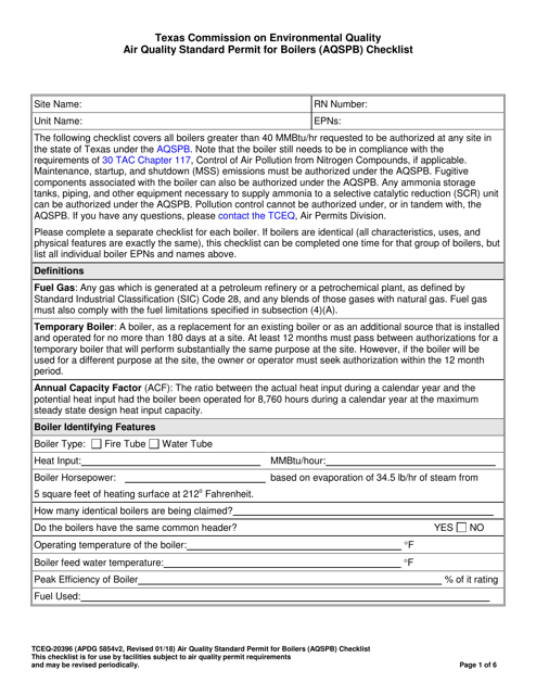 Form TCEQ-20396 Air Quality Standard Permit for Boilers (Aqspb) Checklist - Texas