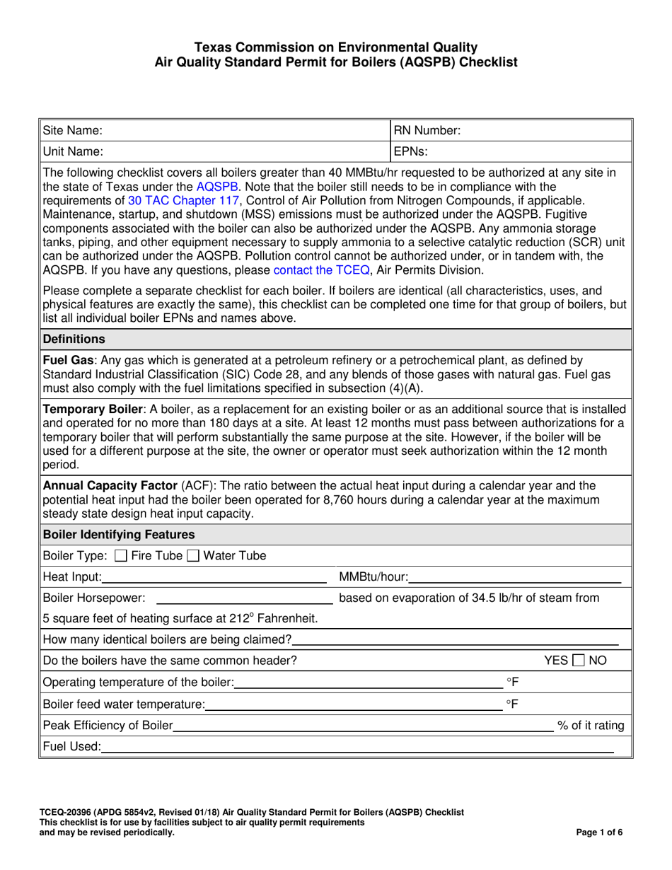 Form TCEQ-20396 Air Quality Standard Permit for Boilers (Aqspb) Checklist - Texas, Page 1