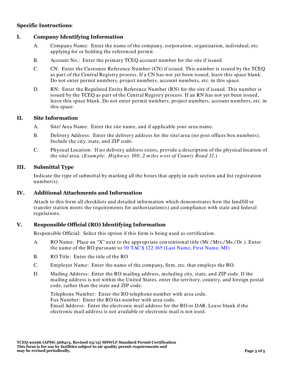 Form TCEQ-20296 Standard Permit Certification Municipal Solid Waste Landfills and Transfer Stations Application - Texas, Page 3
