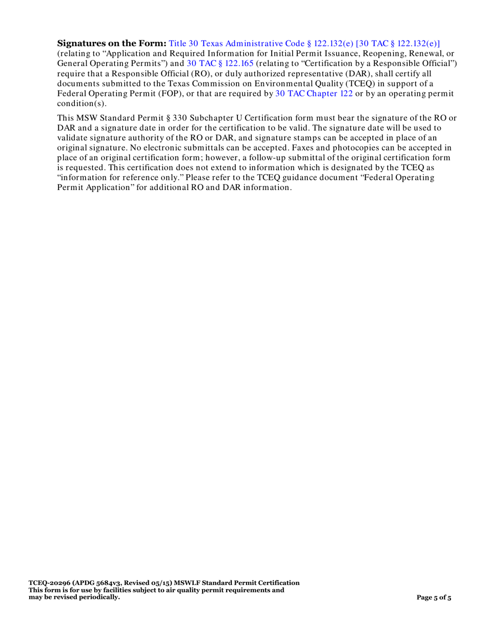 Form TCEQ-20296 Standard Permit Certification Municipal Solid Waste Landfills and Transfer Stations Application - Texas, Page 5