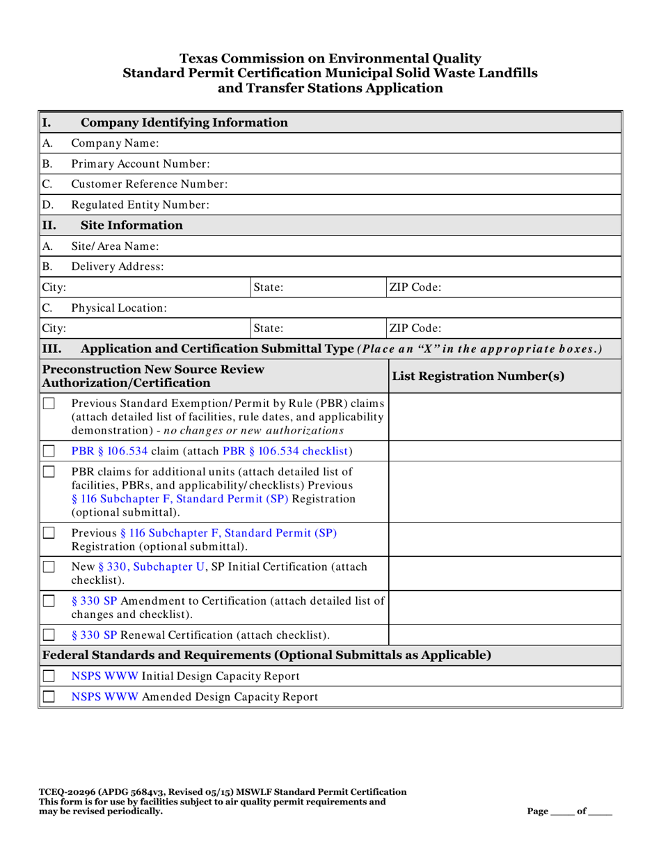 Form TCEQ-20296 Standard Permit Certification Municipal Solid Waste Landfills and Transfer Stations Application - Texas, Page 6