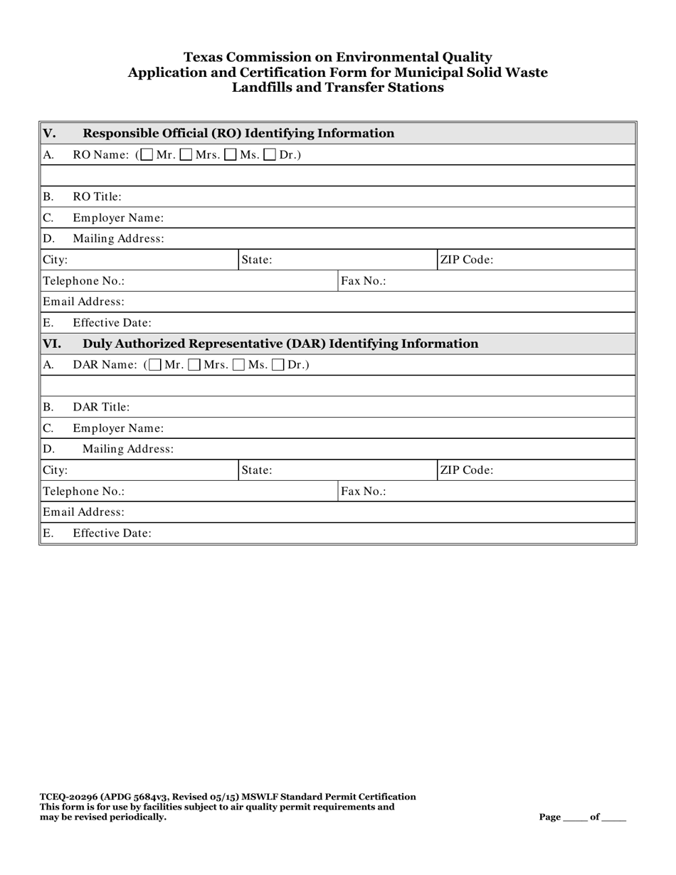 Form TCEQ-20296 Standard Permit Certification Municipal Solid Waste Landfills and Transfer Stations Application - Texas, Page 9