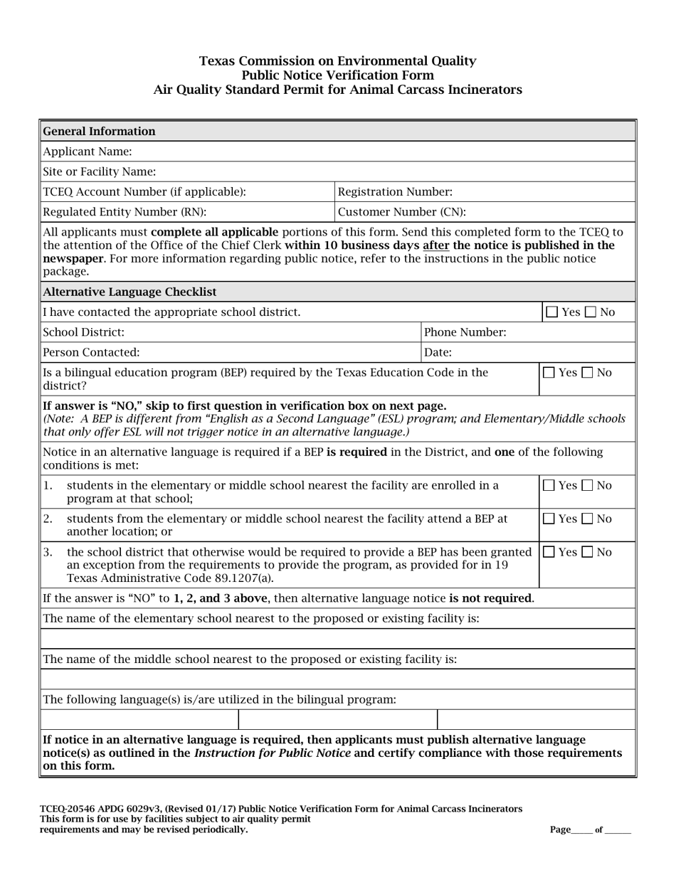 Form TCEQ-20546 Alternative Language Public Notice Verification Form - Air Quality Standard Permit for Animal Carcass Incinerators - Texas, Page 1