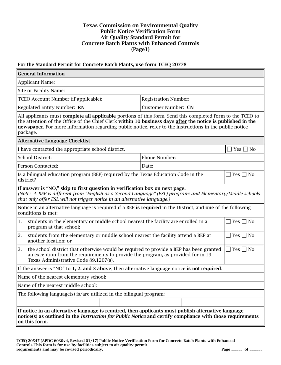 Form TCEQ-20547 Alternative Language Public Notice Verification Form Air Quality Standard Permit for Concrete Batch Plants With Enhanced Controls - Texas, Page 1