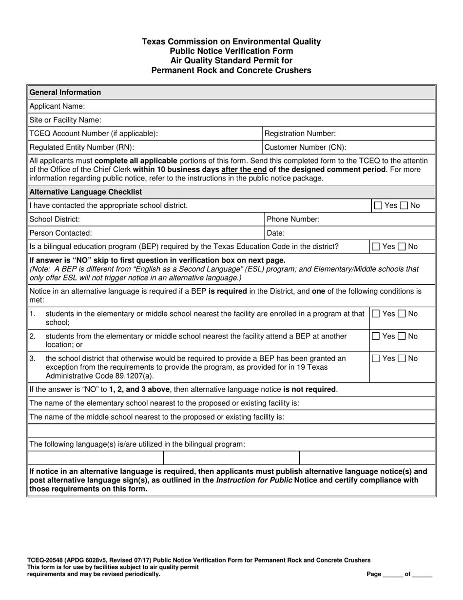 Form 20548 Public Notice Verification Form - Air Quality Standard Permit for Permanent Rock and Concrete Crushers - Texas, Page 1