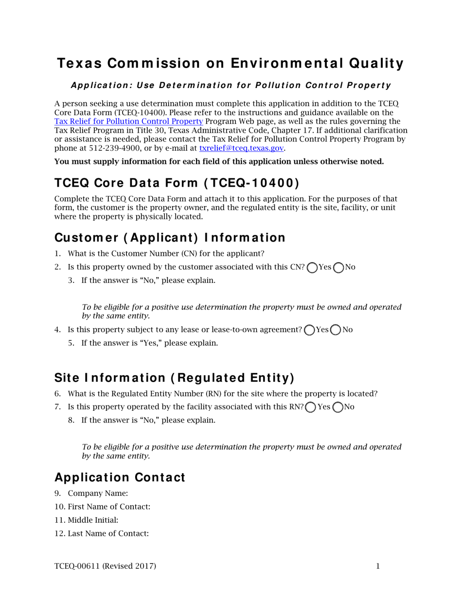 Form TCEQ-00611 Application for Use Determination for Pollution Control Property and Predetermined Equipment List - Texas, Page 1