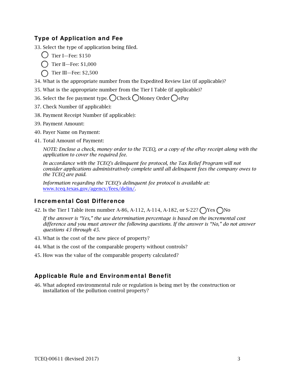Form TCEQ-00611 Application for Use Determination for Pollution Control Property and Predetermined Equipment List - Texas, Page 3