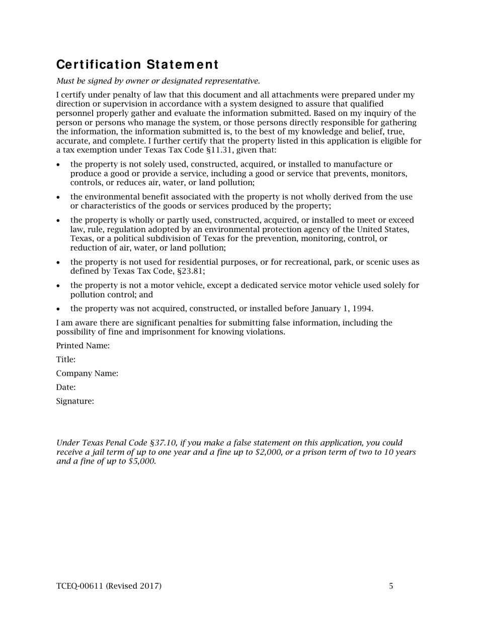 Form TCEQ-00611 Application for Use Determination for Pollution Control Property and Predetermined Equipment List - Texas, Page 5