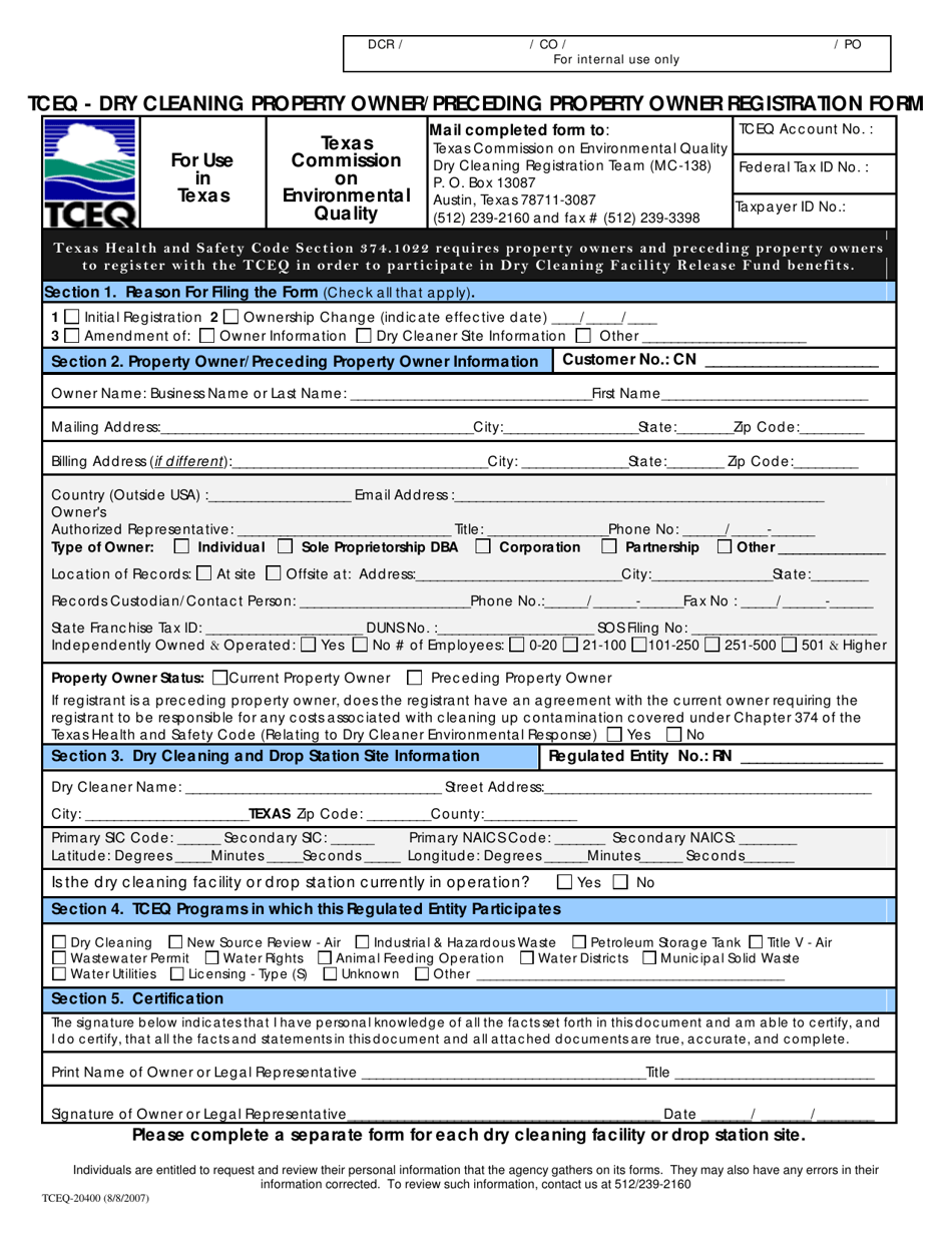 Form TCEQ-20400 Dry Cleaning Property Owner/Preceding Property Owner Registration - Texas, Page 1