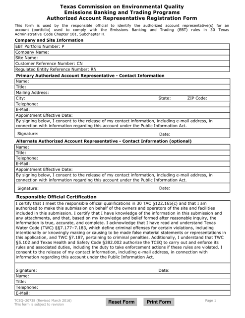 Form TCEQ-20738 Emissions Banking and Trading Programs Authorized Account Representative Registration Form - Texas