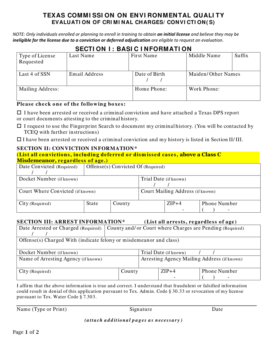 Form TCEQ-20750 Evaluation of Criminal Charges / Conviction(S) - Texas, Page 1