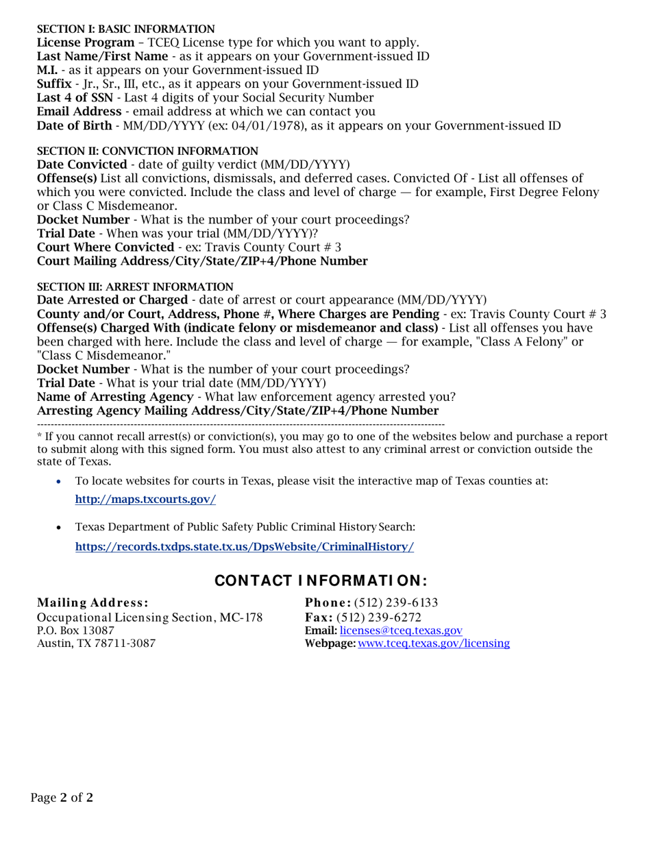 Form TCEQ-20750 Evaluation of Criminal Charges / Conviction(S) - Texas, Page 2