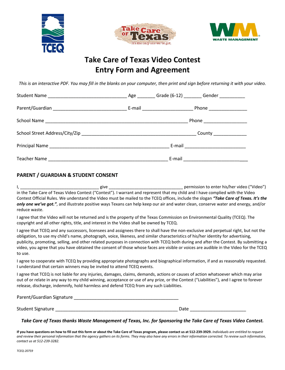 Form TCEQ-20759 Take Care of Texas Video Contest Form and Agreement - Texas, Page 1