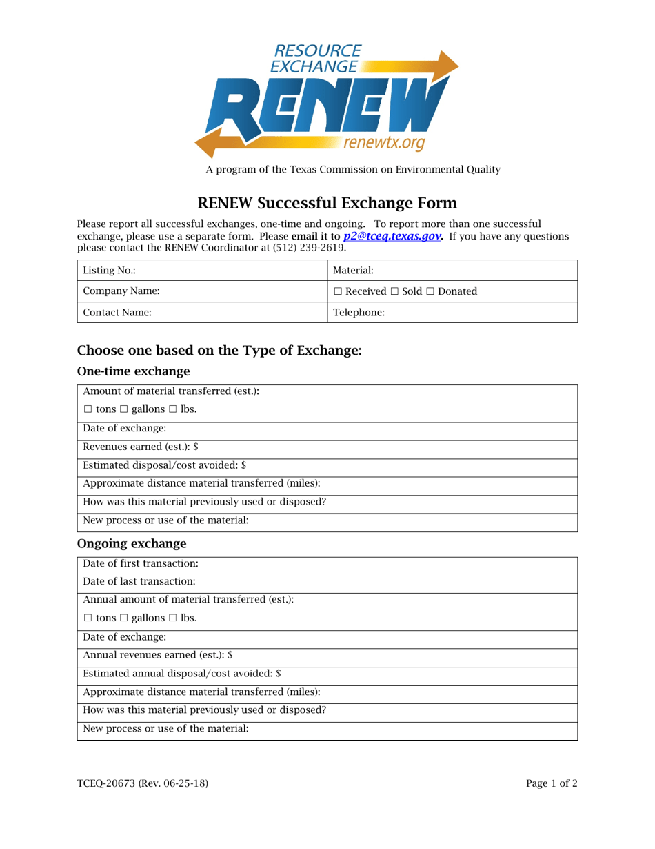 Form TCEQ-20673 Renew Successful Exchange Form - Texas, Page 1