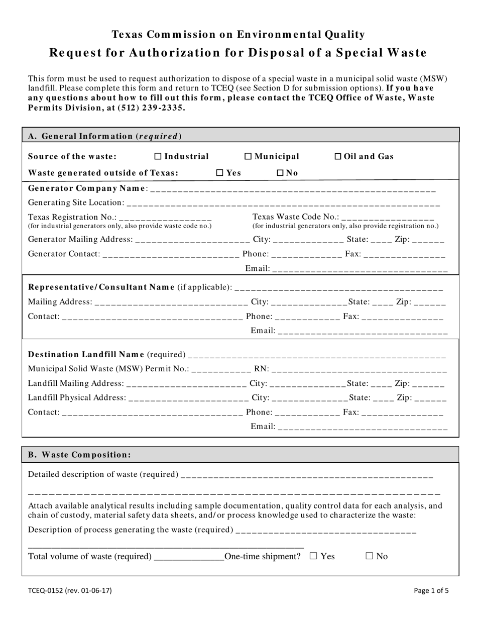 Form TCEQ-00152 Request for Authorization for Disposal of a Special Waste - Texas, Page 1